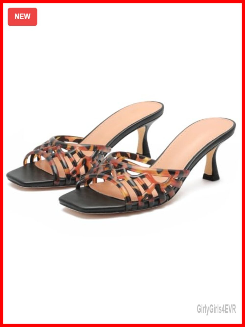 Kitten Heel Sandals Square Toe Lattice Slide Mules for Women